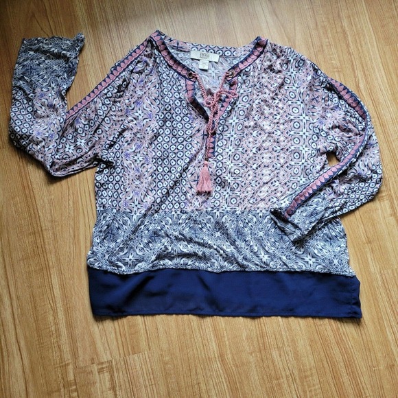 Vintage Havana Navy Blue And Pink Bohemian Printed Blouse Size Medium Tie Neck - Picture 2 of 8